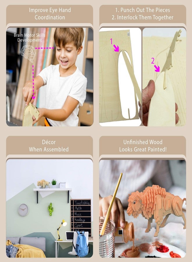 بازلد مجموعة بناء نموذج جاموس خشبي ثلاثي الأبعاد من Puzzled، لعبة حيوان البيسون الخشبية الممتعة والتعليمية، نموذج تجميع غير مكتمل، أحجية بناء وتلوين للزينة، عبوة من 54 قطعة - Image 3